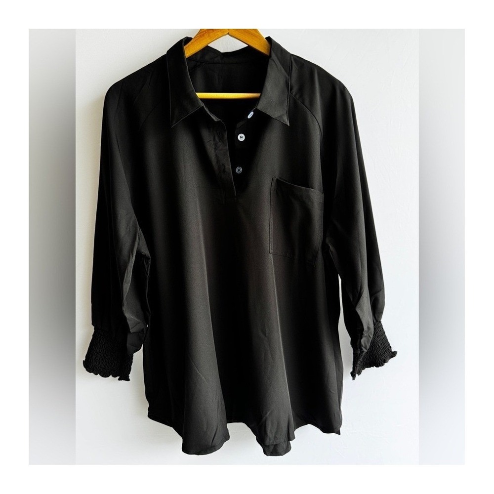 Kistore Black Long Sleeve Blouse Smocked Cuffs Button Front XXL New